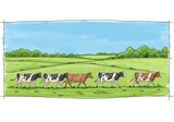 Cows Walking in the Green Meadow Livestock Illustration for Agriculture