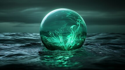 Poster - A mesmerizing green orb floats above dark, turbulent ocean waters under a stormy sky at dusk