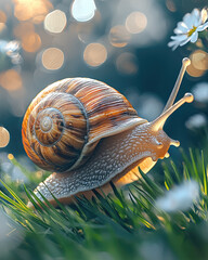 Poster - beautiful snail on spring morning, showcasing its intricate shell and delicate features amidst vibrant green grass and blooming flowers, evoking sense of tranquility and nature beauty