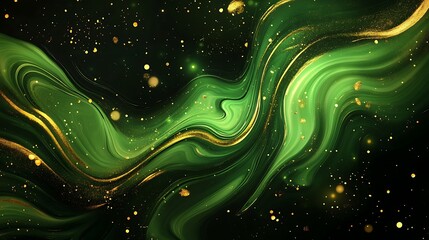 Poster - Abstract green and gold swirling pattern with shimmering particles on a dark background