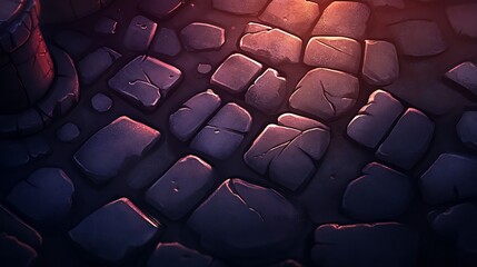Poster - A beautifully illuminated cobblestone pathway leading to a mysterious castle at sunset