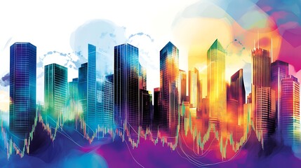 Poster - Vibrant City Skyline with Colorful Abstract Elements and Financial Graphs Illustrating Growth