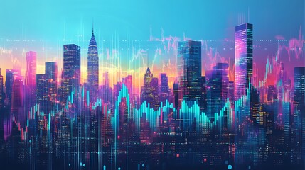 Poster - Vibrant city skyline at sunset with financial data overlays, showcasing urban life and technology