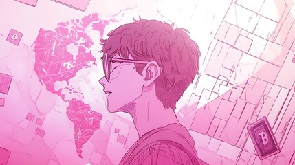 Poster - Young man with glasses gazing thoughtfully at a world map in a vibrant pink digital environment