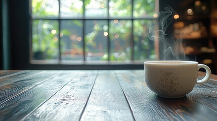 Poster - steaming white tea cup sits on rustic wooden table, surrounded by serene indoor garden view. warm ambiance evokes sense of calm and relaxation