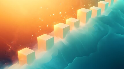 Poster - Ethereal landscape with glowing cubes emerging from vibrant, swirling clouds at sunrise