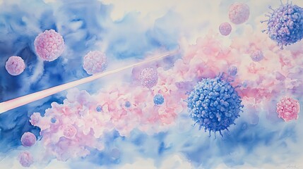 Poster - Abstract representation of microscopic cells and viruses in a blue and pink cloudscape with laser light