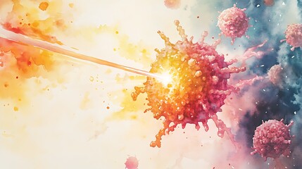 Poster - Abstract representation of a virus being targeted by a beam of light in a colorful cosmic background
