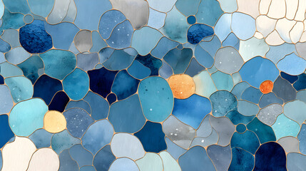 Poster - Abstract mosaic design featuring vibrant blue, teal, and orange elements with glossy textures and organic shapes, ideal for modern decor and art projects