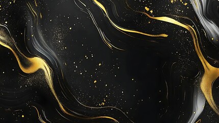 Poster - Abstract black and gold fluid art with swirling patterns and sparkling details, ideal for backgrounds