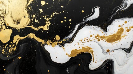 Poster - Abstract black and white fluid art with golden splashes, creating a dynamic and elegant composition