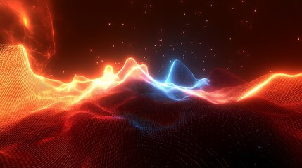 Aufkleber - Vibrant abstract landscape of glowing waves in red and blue, set against a dark starry background