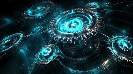 Poster - Futuristic gears and machinery in a high-tech environment with glowing blue accents and intricate details