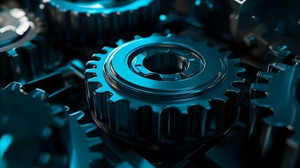 Poster - Close-up of interlocking metallic gears in a dynamic blue lighting setup, showcasing intricate details