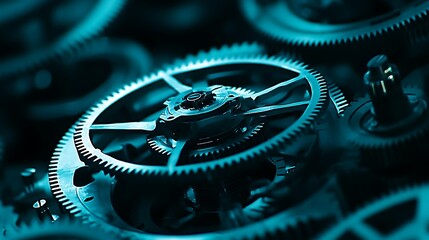 Poster - Close-up of intricate clock gears in teal lighting, showcasing mechanical precision and depth