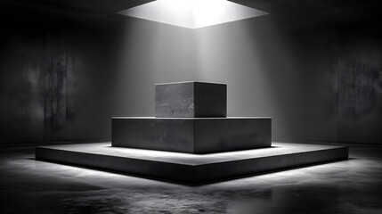 Poster - Minimalist dark room with illuminated geometric shapes creating a striking atmosphere of mystery and depth in a modern architectural space
