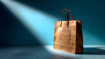 Poster - Stylish brown paper shopping bag illuminated by soft blue light on floor background, showing texture and design with elegant simplicity in modern setting