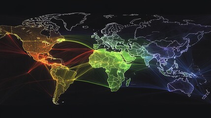 Aufkleber - Global Connectivity Map Illustrating Data Flow Between Continents with Bright Colors and Lines