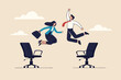 © Sector30 - Job rotation or employee switch position for new skill and experience, moving to new responsibility within organization concept, businessman and woman jump on office chair metaphor of job rotation.