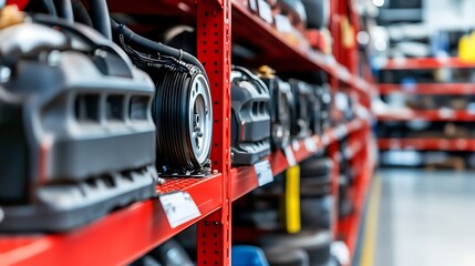 Poster - Close-up of neatly organized automotive parts on red shelving in a well-lit workshop environment