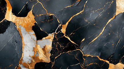 Poster - Elegant black and gold marble texture with intricate veins and patterns, suitable for backgrounds