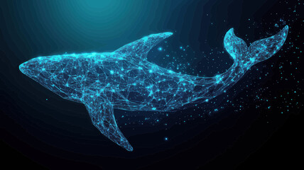 Poster - Low Poly Blue Whale in Starry Sky, Marine Animal Composed of Polygonal Lines, Dots and Shapes, Digital Wireframe Light Connection Structure, Minimalist SVG Vector Illustration