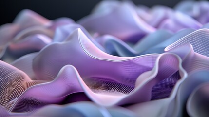 Poster - A futuristic 3D abstract design with silky smooth waveforms in vibrant purple and cyan, gently layered to form a fluid digital landscape, soft lighting adding depth and movement