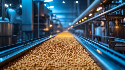 Aufkleber - Amidst the twilight, a state-of-the-art soybean processing plant buzzes with activity. Conveyors transport golden soybeans for sorting and refinement, illuminating the industrial space
