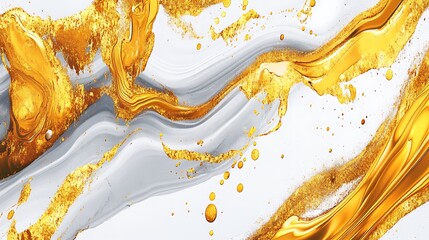 Poster - Abstract golden and white fluid art depicting elegant waves and splashes, ideal for backgrounds