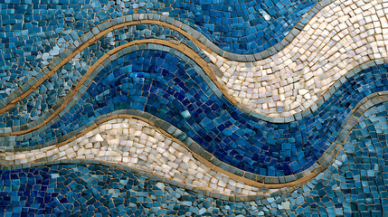 Poster - Mosaic Artwork of Flowing Blue Waves with Shimmering Tiles Creating a Tranquil and Artistic Water-like Pattern on a Surface