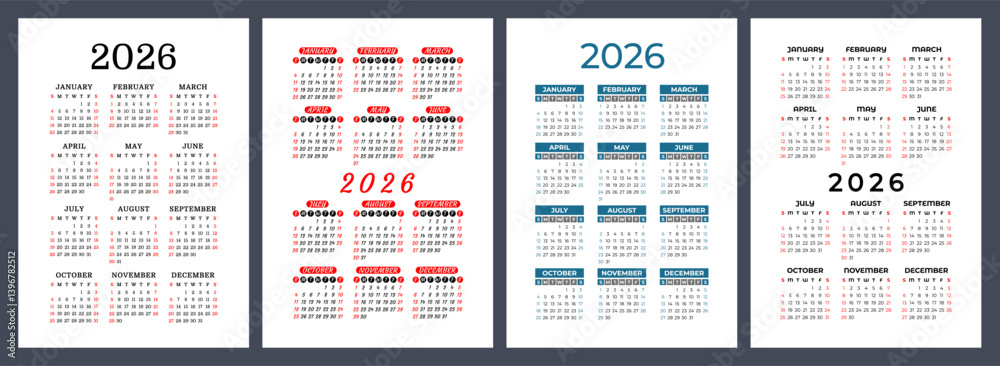 2026 year calendar set. Color vector pocket calender design. Week ...