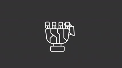 Poster - Bionic limb white line animation. Prosthetic technology animated icon. Moving fingers. Disability, prosthesis. Isolated illustration on dark background. Transition alpha video. Motion graphic