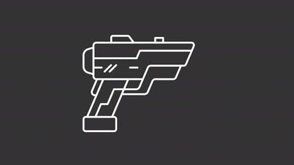 Poster - Laser weapon white line animation. Futuristic handgun animated icon. Shooting weaponry. Military, army. Isolated illustration on dark background. Transition alpha video. Motion graphic