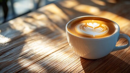 Poster - A steaming cup of coffee sits on a wooden table, adorned with delicate latte art that resembles a heart. Soft morning light filters through, creating an inviting atmosphere