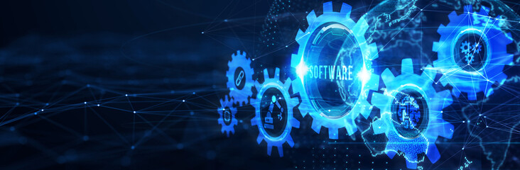 Software development and business process automation, internet and technology concept on virtual screen. 3d illustration