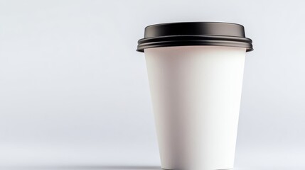 Poster - White coffee cup with a black lid sits on a white background. The cup is empty and has a lid on top