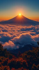 Poster - Golden light envelops the towering mountain peak, piercing through a sea of clouds at sunset, creating a breathtaking view. Scenic beauty captures nature's tranquility and grandeur