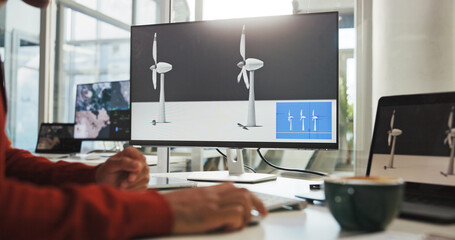 Aufkleber - Screen, engineer and employee with computer, hands and plan for windmill design, online or renewable energy. Office, designer and person with tech for wind turbine, economic benefits and eco friendly