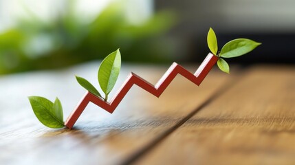 Poster - red upward trending graph with green leaves sprouting, symbolizing growth and sustainability.