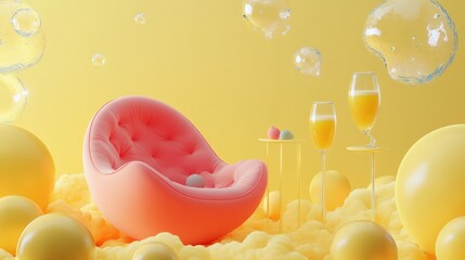 Aufkleber - Relaxing pastel armchair in a dreamy yellow bubbly scene with drinks.