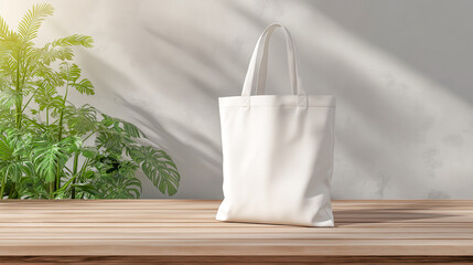 Blank tote bag displayed on wooden tabletop