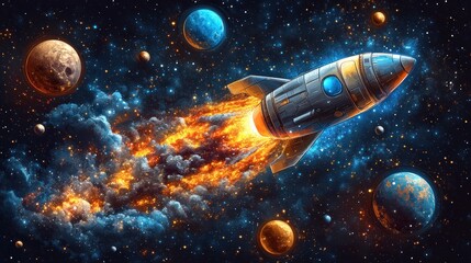 Aufkleber - Retro rocket launching through fiery nebula, cosmic planets.