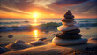 © MD - Zen Stacked Stones on Beach at Sunset High-Quality Image