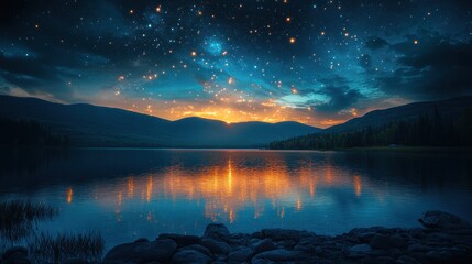 Poster - Serene sunset over calm lake, mountains reflecting in water under starry sky with floating lanterns.