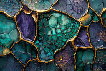 Aufkleber - Intricate abstract art featuring fractured textures of teal, purple, and gold, resembling cracked gems or glazed pottery.