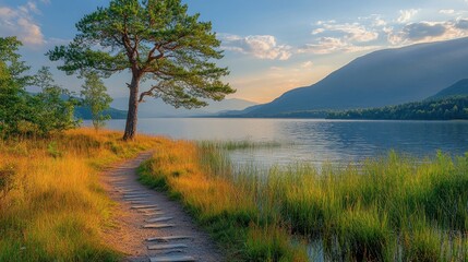 Aufkleber - Serene sunset over calm lake with wooden path, single tree, and mountains in background.