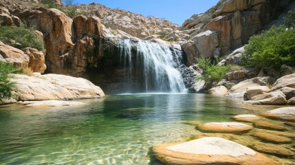 Poster - Serene waterfall cascading into a pristine pool surrounded by rocks and desert vegetation under a vibrant blue sky.