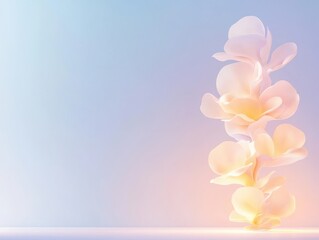 Poster - Delicate floral cascade in pastel hues, elegant studio background, soft blossoms, romantic, serene ambiance, artistic design.