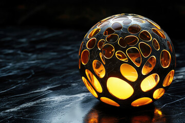 Poster - Sphere with organic holes, glowing with warm light, resting on a dark, reflective marble surface, creating a stunning contrast.