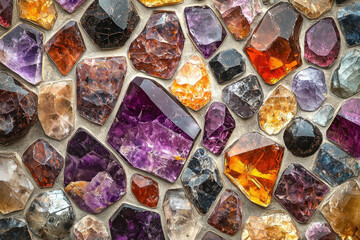 Poster - A vibrant collection of amethyst, citrine, and other colorful crystals arranged on a textured surface, showcasing their brilliance and geological beauty.